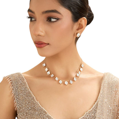 Minimalist Square Polki Necklace Set with Matching Stud Earrings - Auraa Trends - necklace -  - Auraa Trends - gold - coloured necklace with square polki stones placed evenly on a chain, complemented by similar square crystal stud earrings