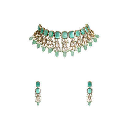 Mint Green Kundan Choker Necklace Set with Dangling Beads and Matching Earrings - Auraa Trends - Choker - mint green choker,