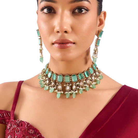 Mint Green Kundan Choker Necklace Set with Dangling Beads and Matching Earrings - Auraa Trends - Choker - mint green choker,
