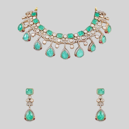 Mint Green Stone & Pearl Embellished Designer Choker Necklace Set with Drop Earrings for Women - Auraa Trends - Necklace Set -  - Auraa Trends - "Gold - plated mint green choker necklace set with pearl detailing and drop earrings – traditional Indian bridal jewelry for women"