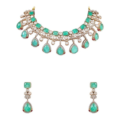 Mint Green Stone & Pearl Embellished Designer Choker Necklace Set with Drop Earrings for Women - Auraa Trends - Necklace Set -  - Auraa Trends - "Gold - plated mint green choker necklace set with pearl detailing and drop earrings – traditional Indian bridal jewelry for women"