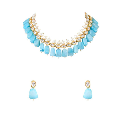 Modern Blue Stone and Pearl Layered Necklace Set with Matching Drop Earrings - Auraa Trends - necklace Layered Necklace Set