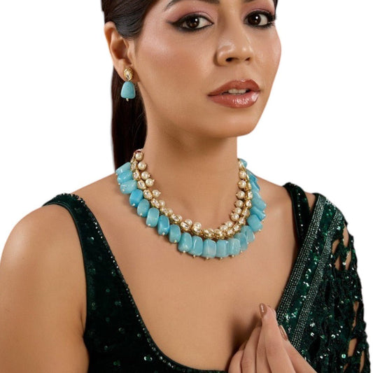 Modern Blue Stone and Pearl Layered Necklace Set with Matching Drop Earrings - Auraa Trends - necklace Layered Necklace Set