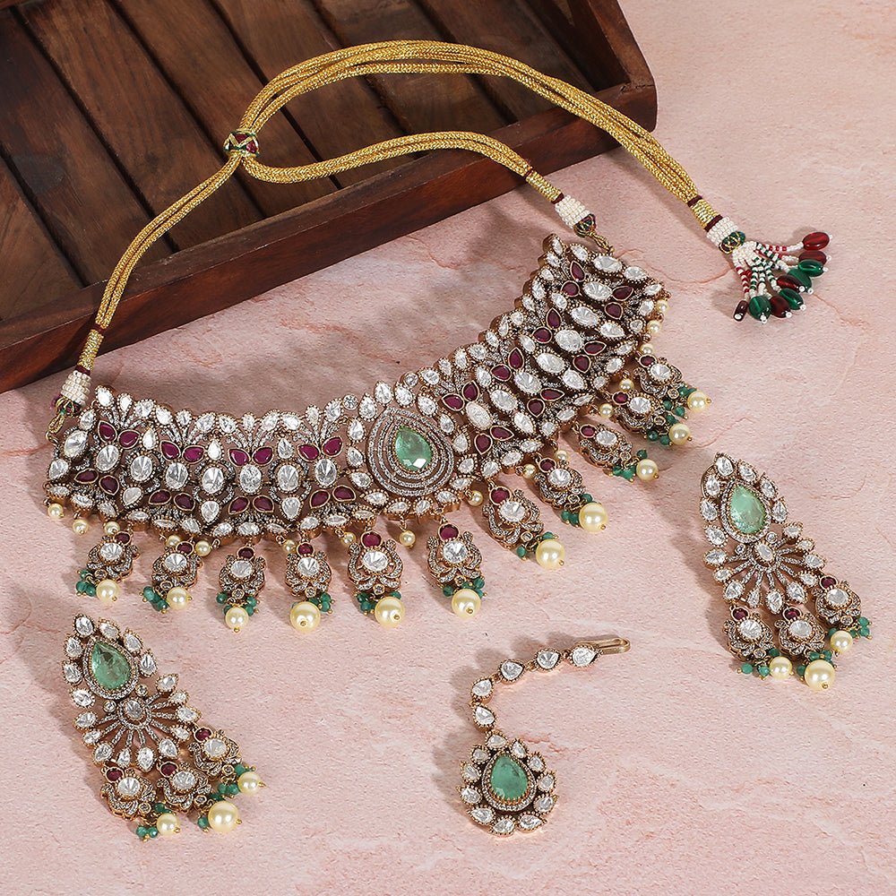 Moissanite Bridal Choker Necklace Set with Green & Red Stones - Auraa Trends - Choker - Moissanite Bridal Choker Necklace Set