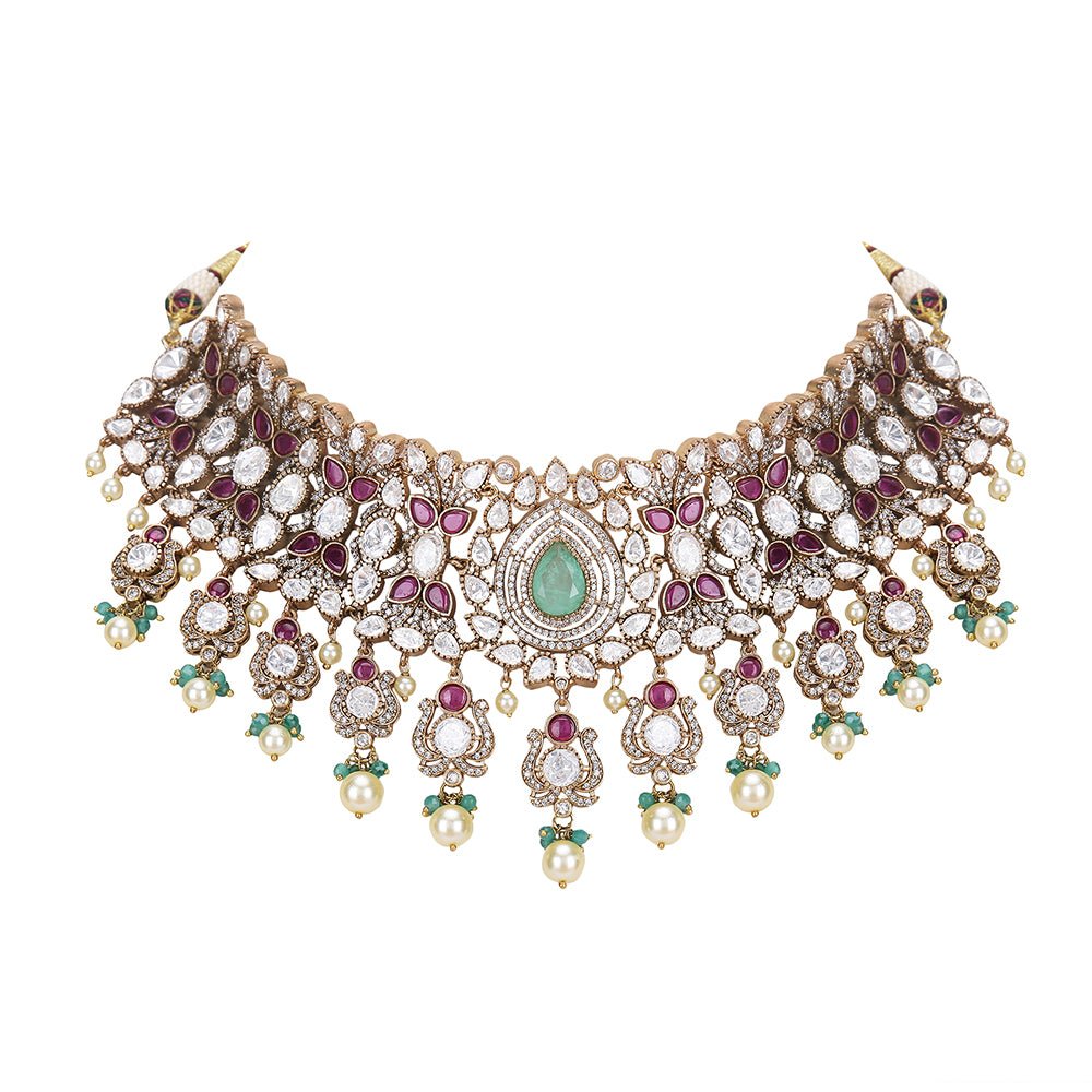 Moissanite Bridal Choker Necklace Set with Green & Red Stones - Auraa Trends - Choker - Moissanite Bridal Choker Necklace Set