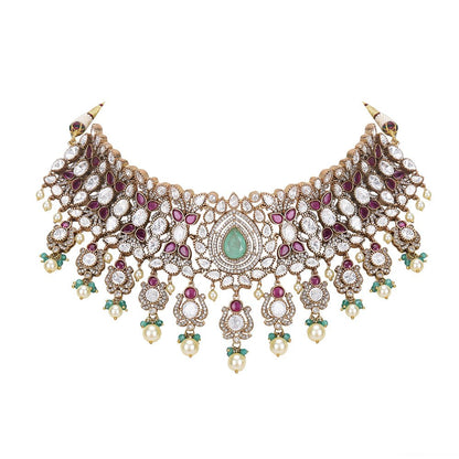 Moissanite Bridal Choker Necklace Set with Green & Red Stones - Auraa Trends - Choker - Moissanite Bridal Choker Necklace Set
