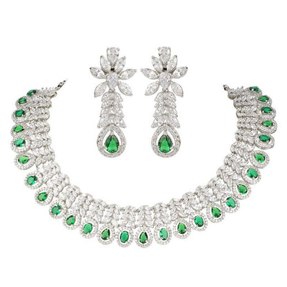 Moissanite & Diamonte Necklace Set with Green Emerald Accents - Auraa Trends - Necklaces - necklace design