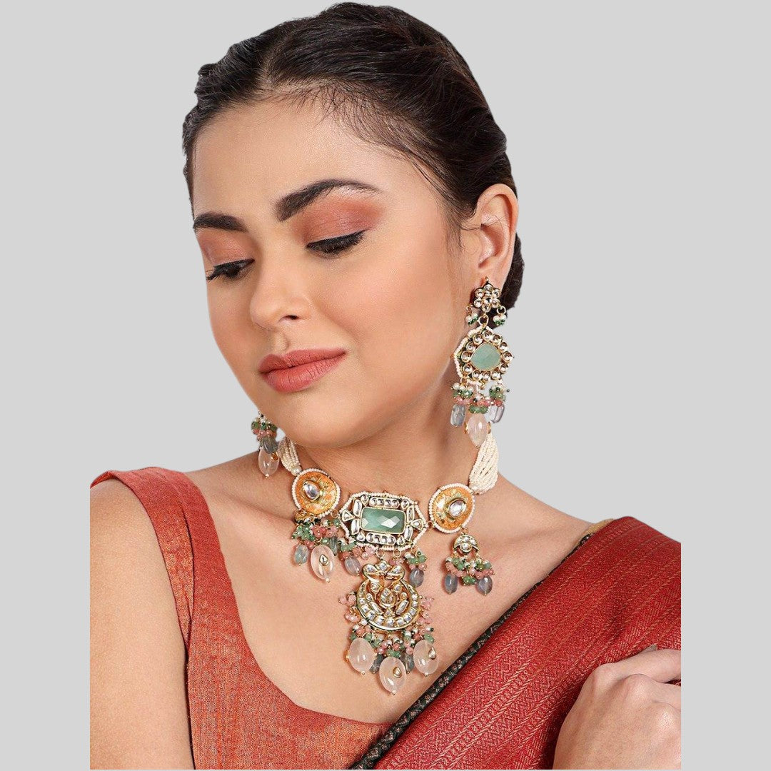 Multi-Stone Kundan Choker Necklace Set with Meenakari