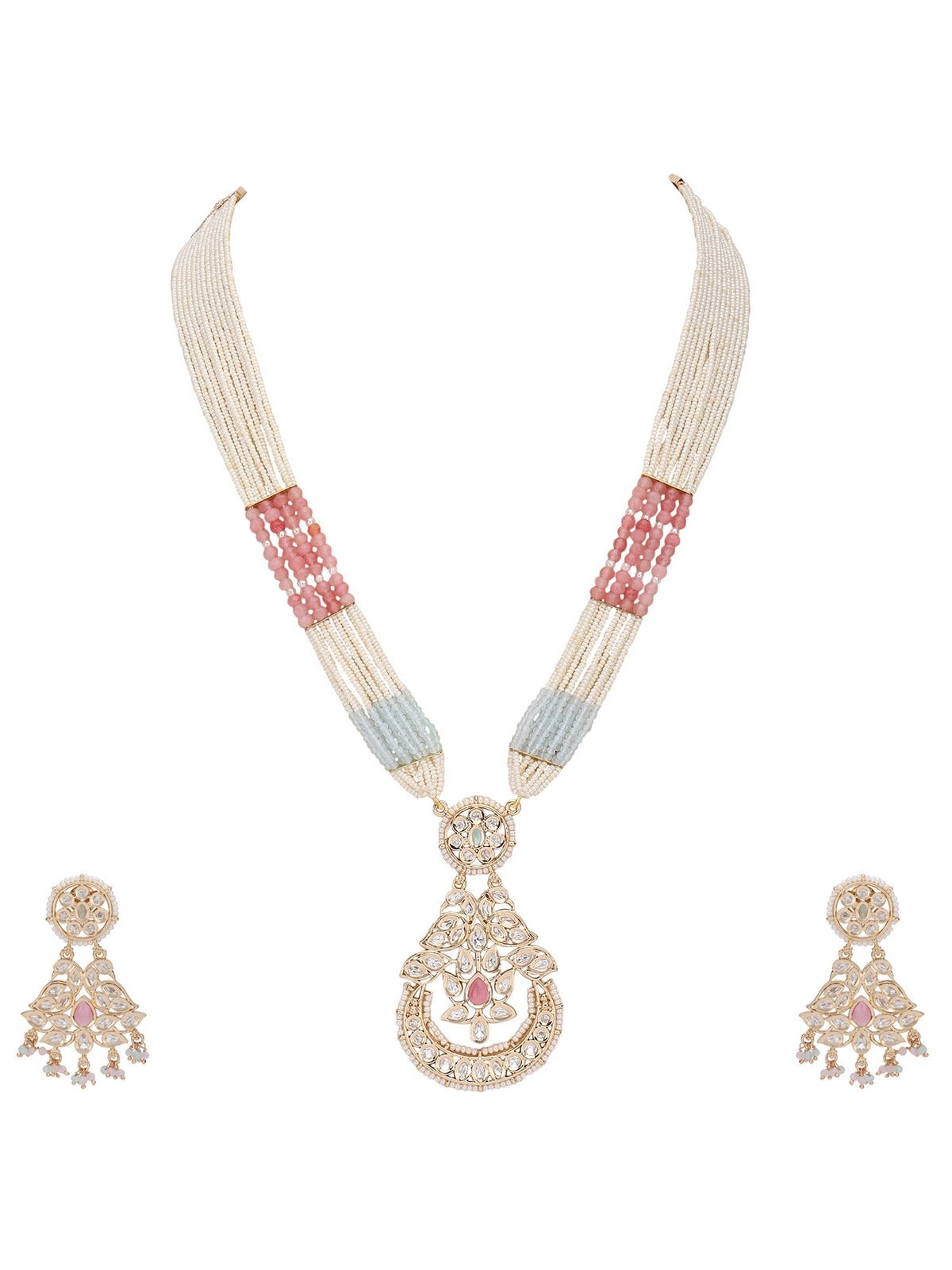 Multi-Strand Beaded Necklace with Antique Pendant & Matching Earrings - Auraa Trends - Necklace Set - Necklace Necklace sets