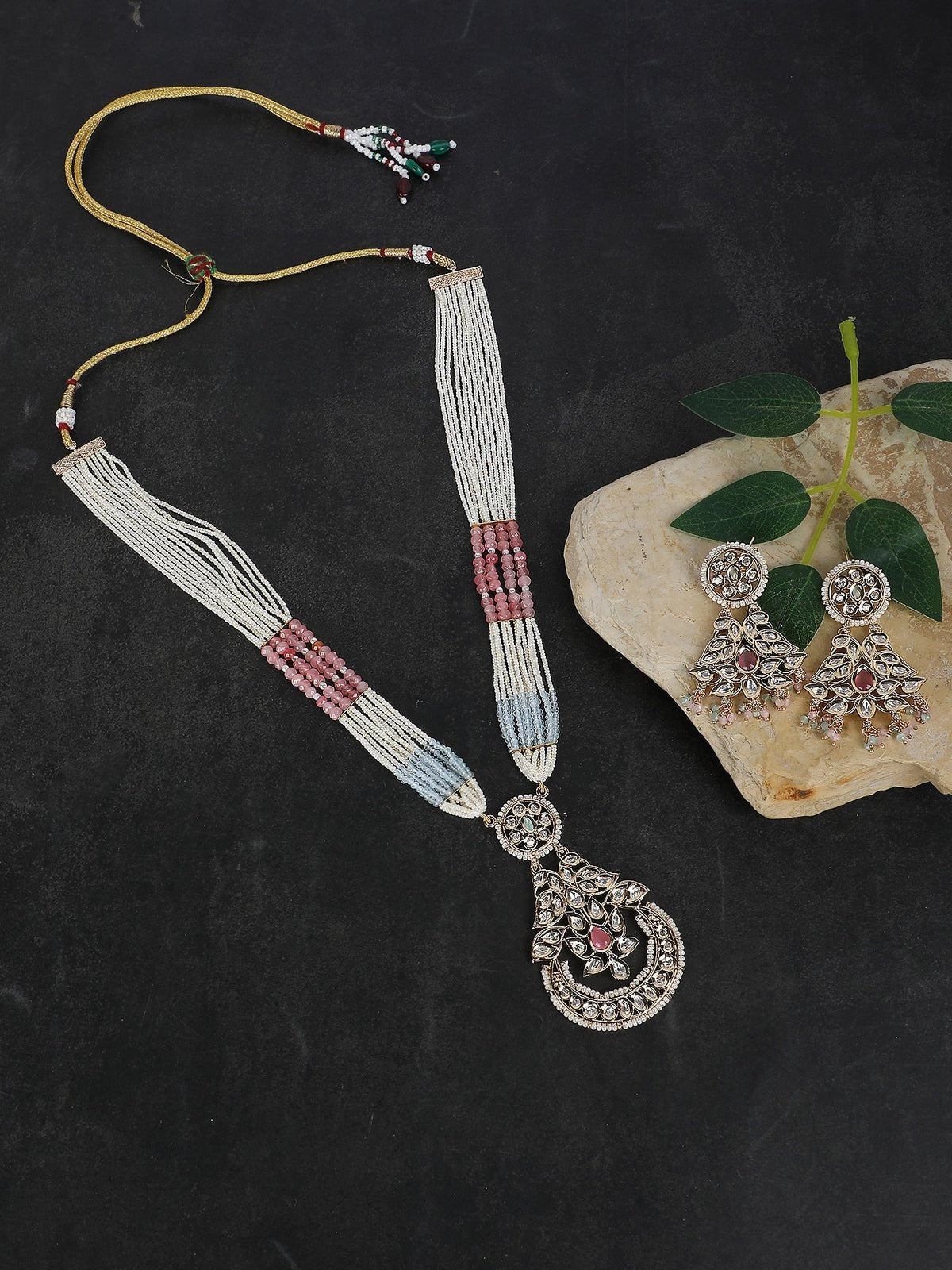 Multi-Strand Beaded Necklace with Antique Pendant & Matching Earrings - Auraa Trends - Necklace Set - Necklace Necklace sets