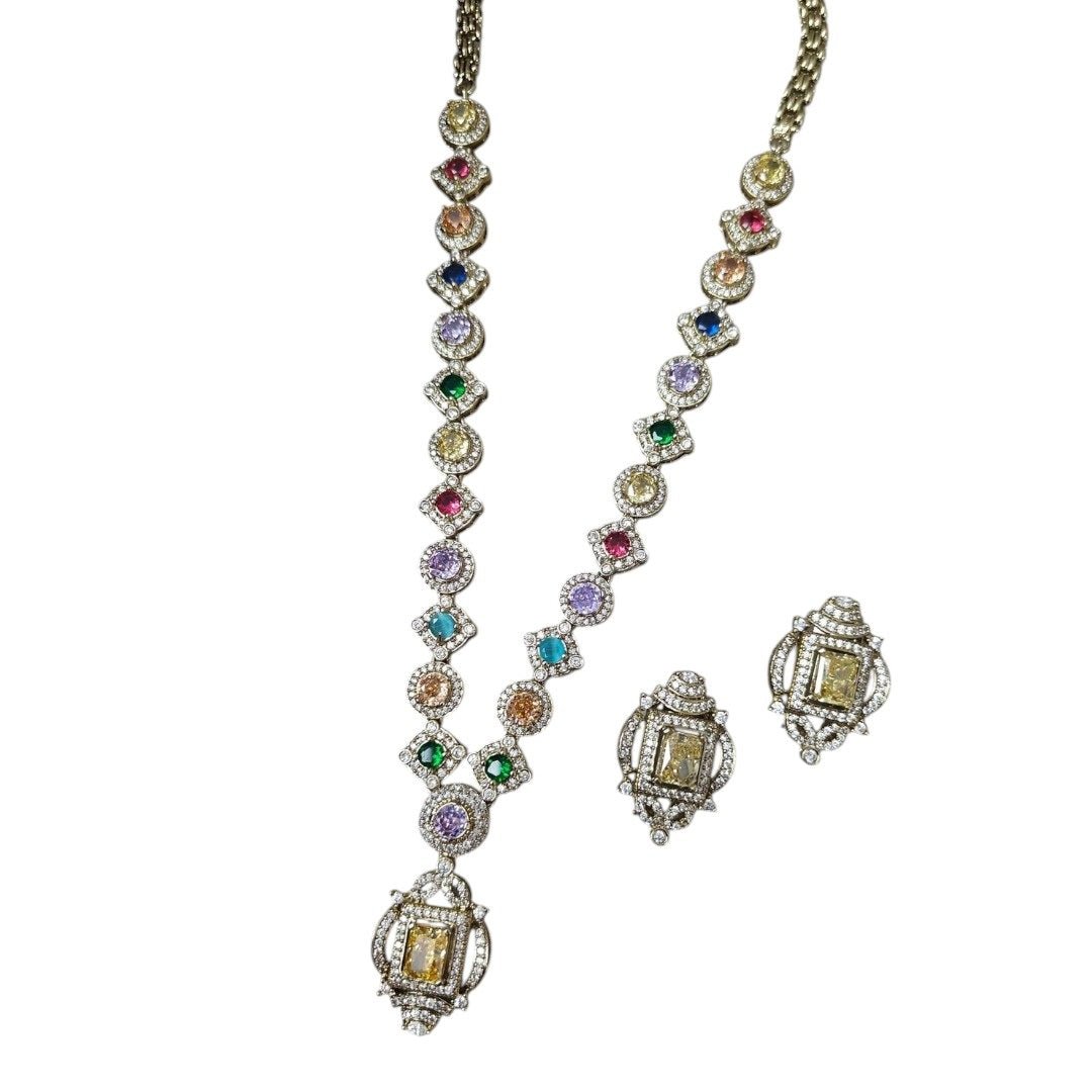 Multicolor CZ Diamond Necklace Set - Auraa Trends - Necklace Set -  - Auraa Trends - "Antique gold - plated necklace set with multicolor Cubic Zirconia stones and matching earrings, traditional ethnic jewelry set for festive and wedding