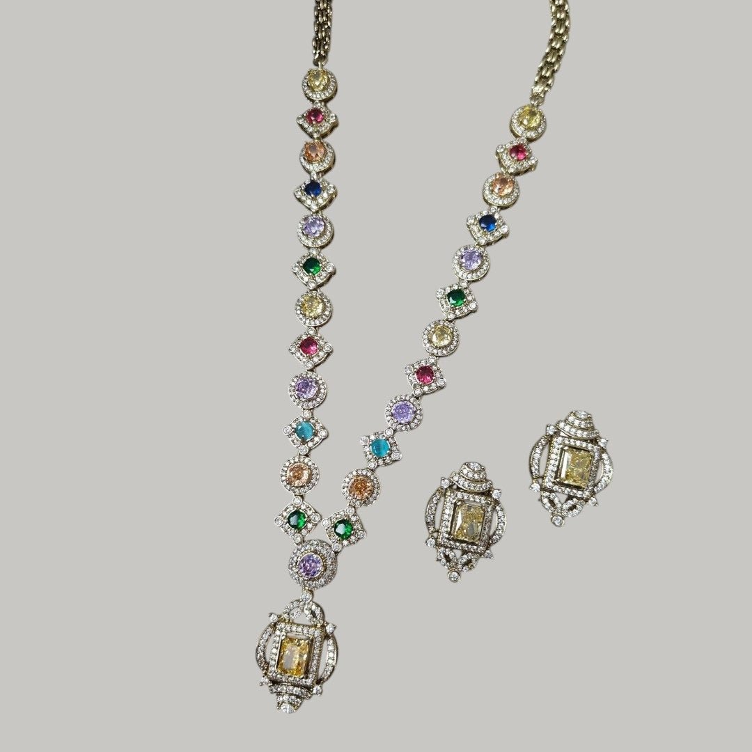 Multicolor CZ Diamond Necklace Set - Auraa Trends - Necklace Set -  - Auraa Trends - "Antique gold - plated necklace set with multicolor Cubic Zirconia stones and matching earrings, traditional ethnic jewelry set for festive and wedding