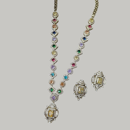 Multicolor CZ Diamond Necklace Set - Auraa Trends - Necklace Set -  - Auraa Trends - "Antique gold - plated necklace set with multicolor Cubic Zirconia stones and matching earrings, traditional ethnic jewelry set for festive and wedding