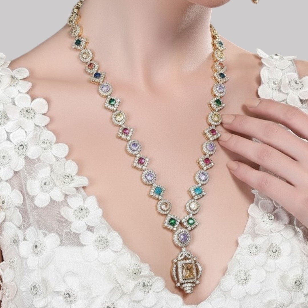 Multicolor CZ Diamond Necklace Set - Auraa Trends - Necklace Set -  - Auraa Trends - "Antique gold - plated necklace set with multicolor Cubic Zirconia stones and matching earrings, traditional ethnic jewelry set for festive and wedding