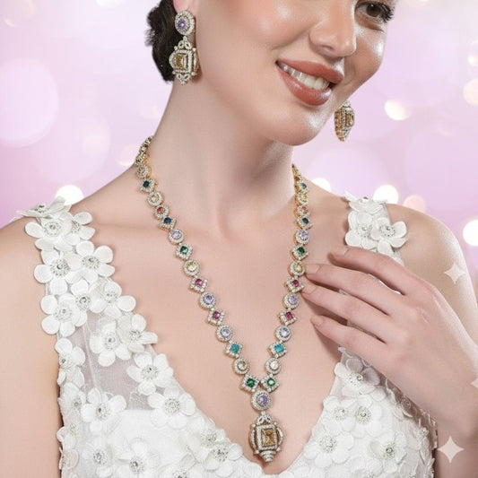 Multicolor CZ Diamond Necklace Set - Auraa Trends - Necklace Set -  - Auraa Trends - "Antique gold - plated necklace set with multicolor Cubic Zirconia stones and matching earrings, traditional ethnic jewelry set for festive and wedding
