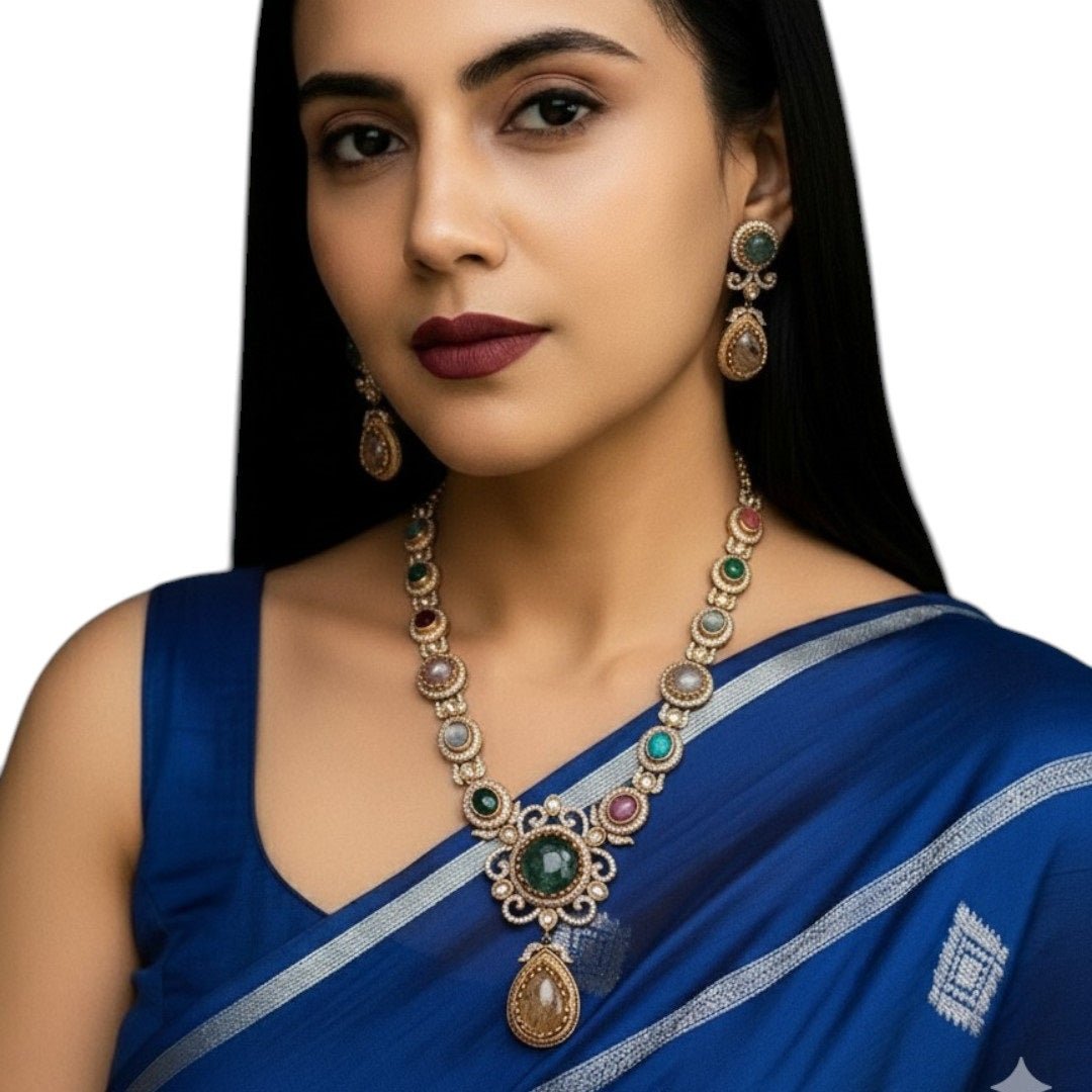 Multicolor Gemstone Necklace Set with Earrings - Auraa Trends - Necklace Set -  - Auraa Trends - "Antique multicolor gemstone necklace set with earrings, teardrop pendant design, polished cabochon stones, and traditional ethnic finish