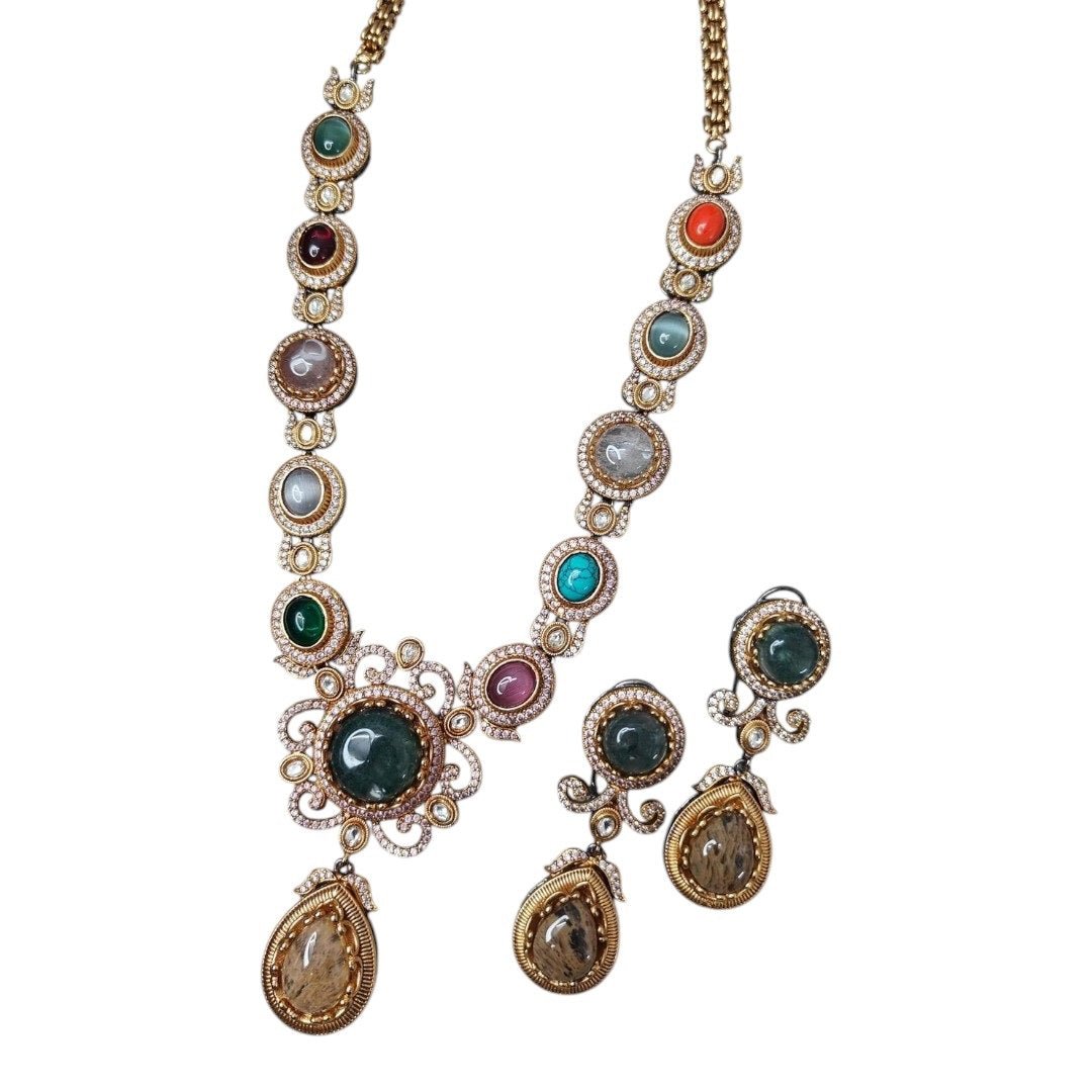 Multicolor Gemstone Necklace Set with Earrings - Auraa Trends - Necklace Set -  - Auraa Trends - "Antique multicolor gemstone necklace set with earrings, teardrop pendant design, polished cabochon stones, and traditional ethnic finish