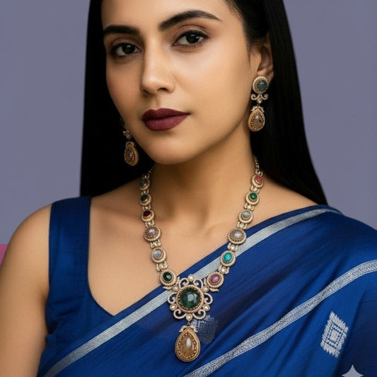 Multicolor Gemstone Necklace Set with Earrings - Auraa Trends - Necklace Set -  - Auraa Trends - "Antique multicolor gemstone necklace set with earrings, teardrop pendant design, polished cabochon stones, and traditional ethnic finish
