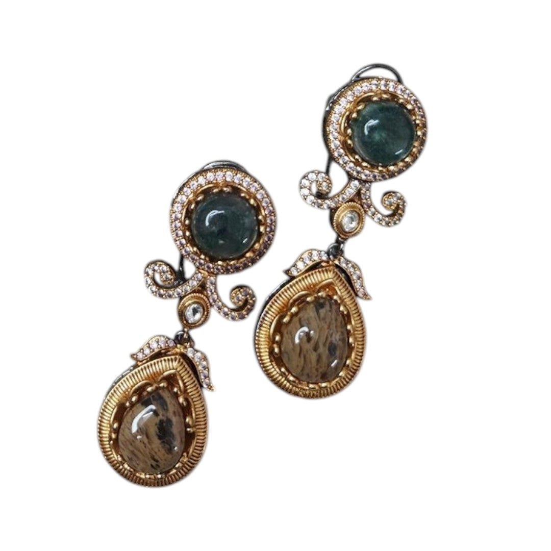 Multicolor Gemstone Necklace Set with Earrings - Auraa Trends - Necklace Set -  - Auraa Trends - "Antique multicolor gemstone necklace set with earrings, teardrop pendant design, polished cabochon stones, and traditional ethnic finish