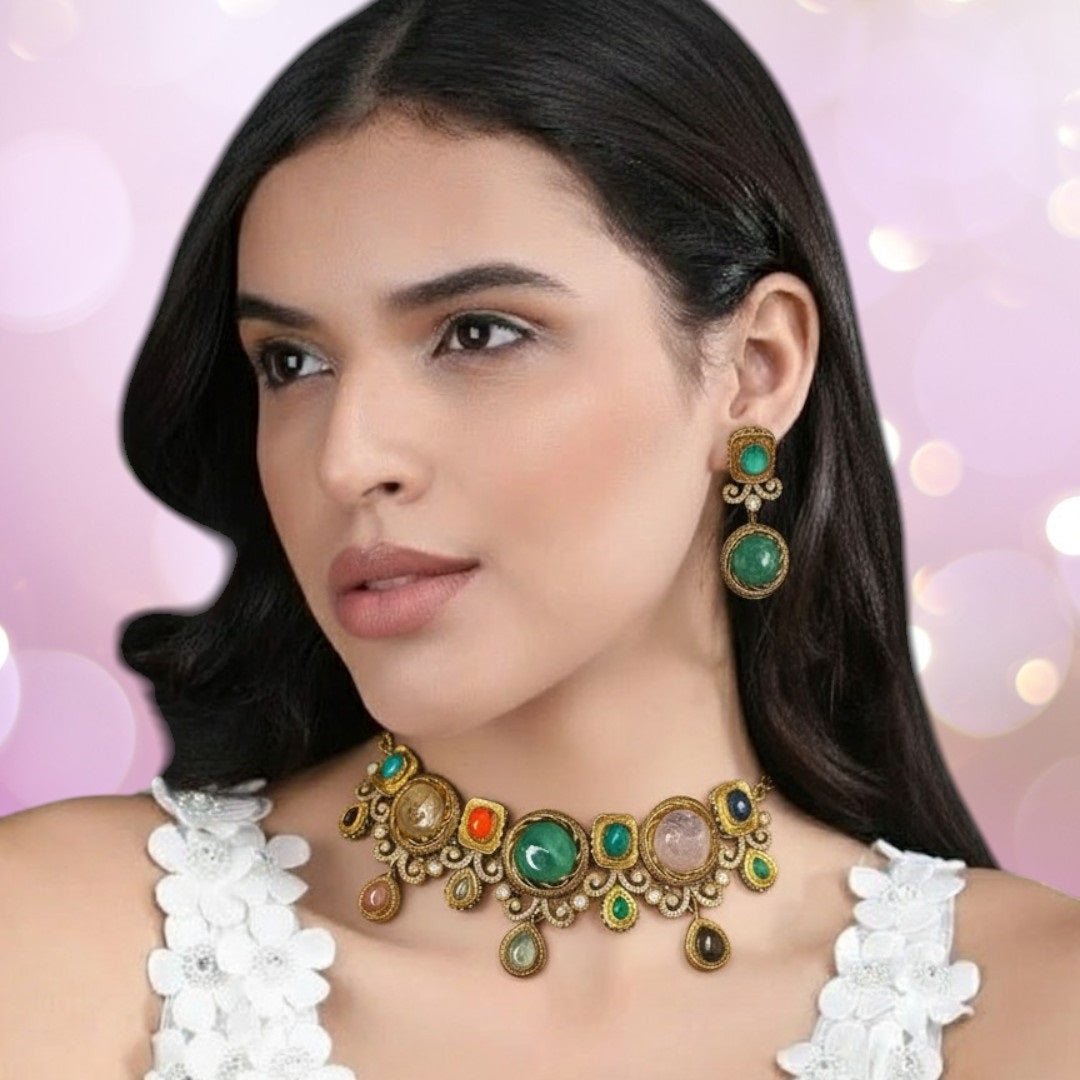 Multicolor Gemstone Statement Necklace Set with Earrings - Auraa Trends - Necklace Set -  - Auraa Trends - Multicolor Gemstone Statement Necklace Set with Earrings