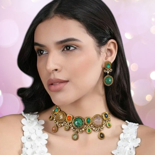 Multicolor Gemstone Statement Necklace Set with Earrings - Auraa Trends - Necklace Set -  - Auraa Trends - Multicolor Gemstone Statement Necklace Set with Earrings
