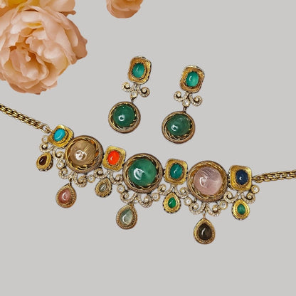 Multicolor Gemstone Statement Necklace Set with Earrings - Auraa Trends - Necklace Set -  - Auraa Trends - Multicolor Gemstone Statement Necklace Set with Earrings