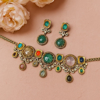 Multicolor Gemstone Statement Necklace Set with Earrings - Auraa Trends - Necklace Set -  - Auraa Trends - Multicolor Gemstone Statement Necklace Set with Earrings