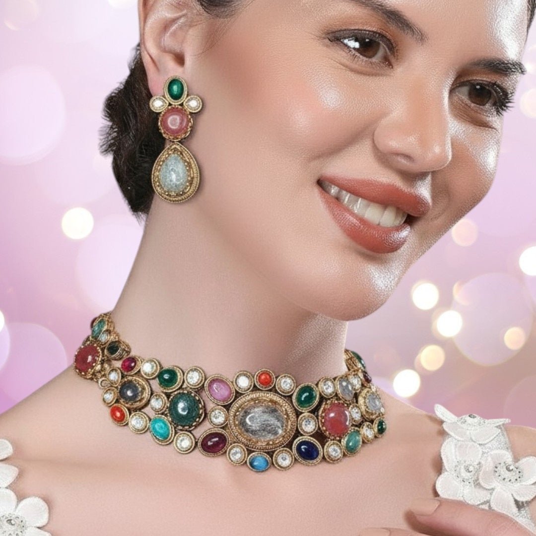 Multicolor Kundan Bracelet Necklace Set for Women - Auraa Trends - Necklace Set -  - Auraa Trends - "Traditional gold - plated multicolor Kundan bracelet - style choker necklace set with matching teardrop earrings