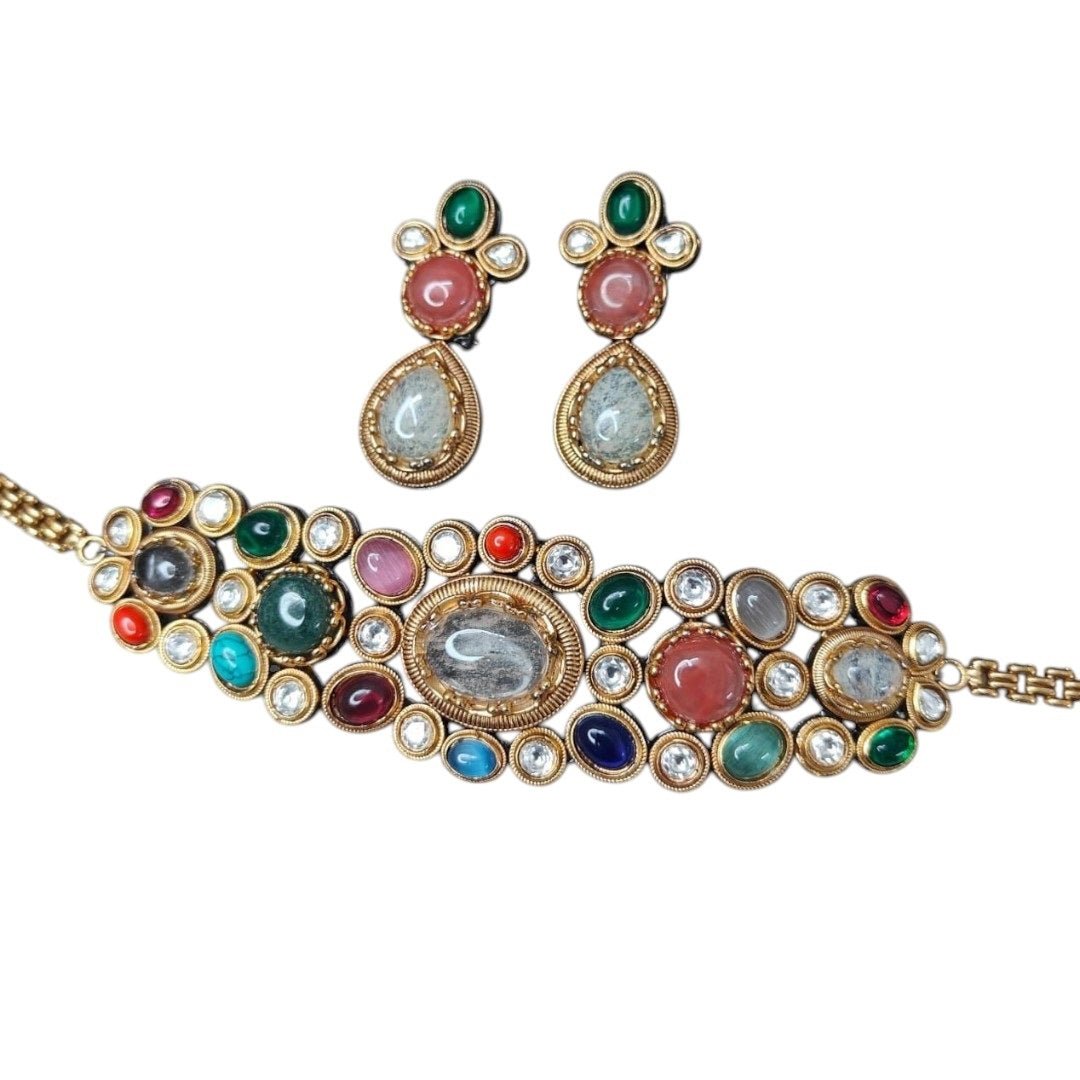 Multicolor Kundan Bracelet Necklace Set for Women - Auraa Trends - Necklace Set -  - Auraa Trends - "Traditional gold - plated multicolor Kundan bracelet - style choker necklace set with matching teardrop earrings