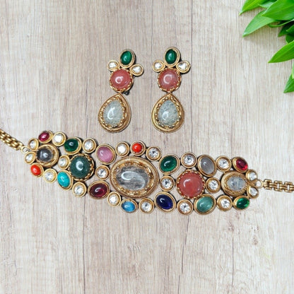 Multicolor Kundan Bracelet Necklace Set for Women - Auraa Trends - Necklace Set -  - Auraa Trends - "Traditional gold - plated multicolor Kundan bracelet - style choker necklace set with matching teardrop earrings