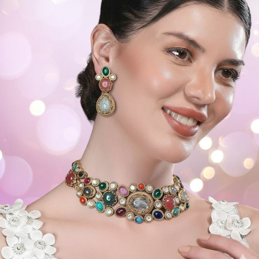 Multicolor Kundan Bracelet Necklace Set for Women - Auraa Trends - Necklace Set -  - Auraa Trends - "Traditional gold - plated multicolor Kundan bracelet - style choker necklace set with matching teardrop earrings