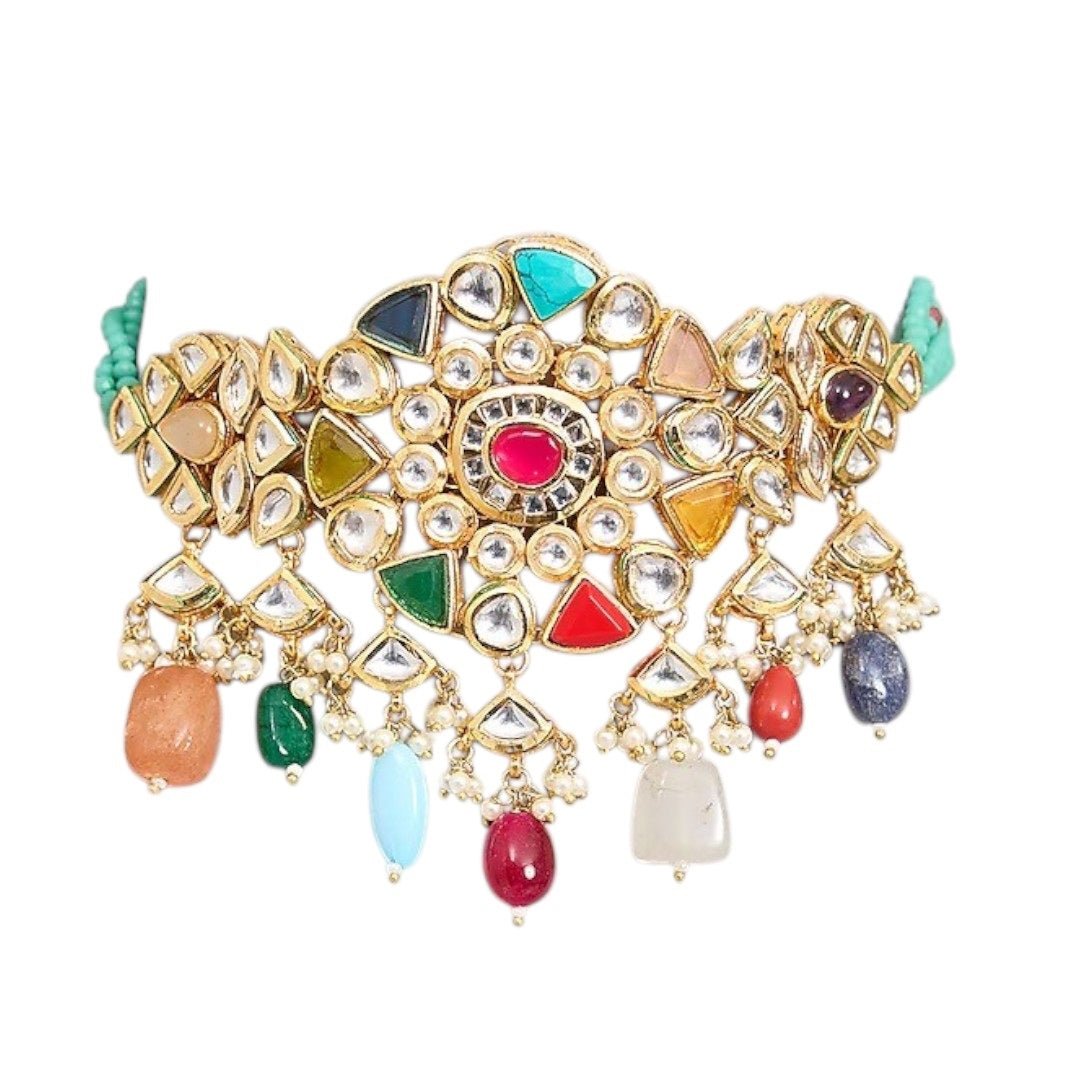 Multicolor Kundan Choker Necklace Set with Beaded Drops & Earrings - Auraa Trends - Necklace Set -  - Auraa Trends - Multicolor Kundan Choker Necklace Set with Beaded Drops & Earrings