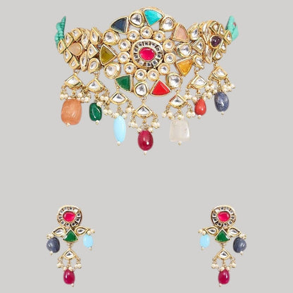 Multicolor Kundan Choker Necklace Set with Beaded Drops & Earrings - Auraa Trends - Necklace Set -  - Auraa Trends - Multicolor Kundan Choker Necklace Set with Beaded Drops & Earrings