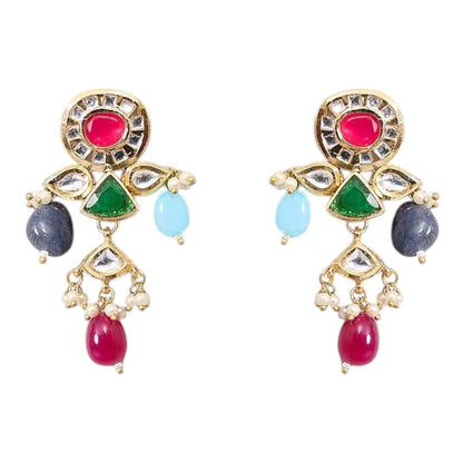 Multicolor Kundan Choker Necklace Set with Beaded Drops & Earrings - Auraa Trends - Necklace Set -  - Auraa Trends - Multicolor Kundan Choker Necklace Set with Beaded Drops & Earrings