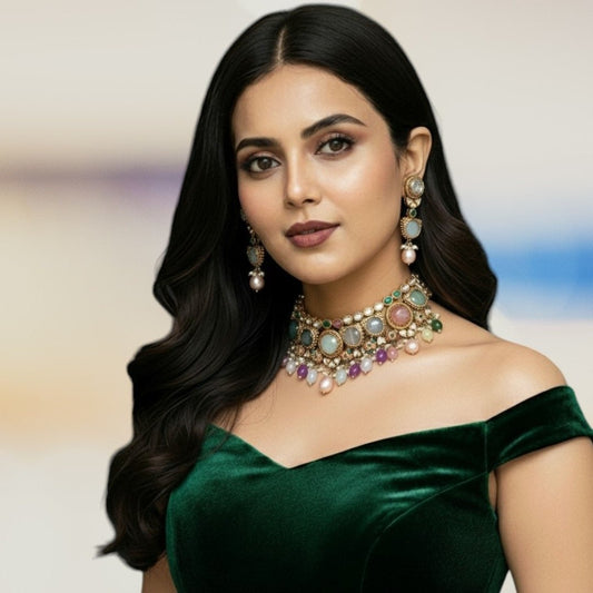 Multicolor Kundan Choker Necklace Set with Earrings - Auraa Trends - Necklace Set -  - Auraa Trends - "Traditional multicolor choker necklace set with matching earrings featuring pearl drops, kundan stones, and gemstone cabochons – bridal and festive ethnic jewelry."