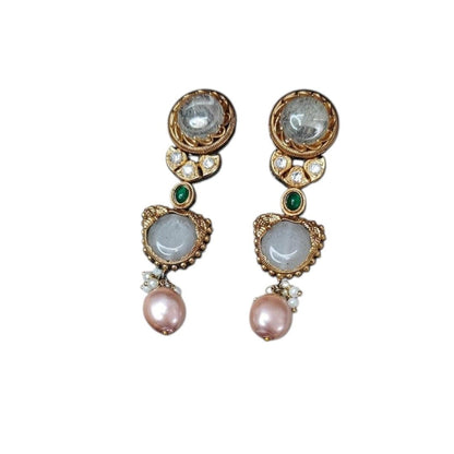 Multicolor Kundan Choker Necklace Set with Earrings - Auraa Trends - Necklace Set -  - Auraa Trends - "Traditional multicolor choker necklace set with matching earrings featuring pearl drops, kundan stones, and gemstone cabochons – bridal and festive ethnic jewelry."