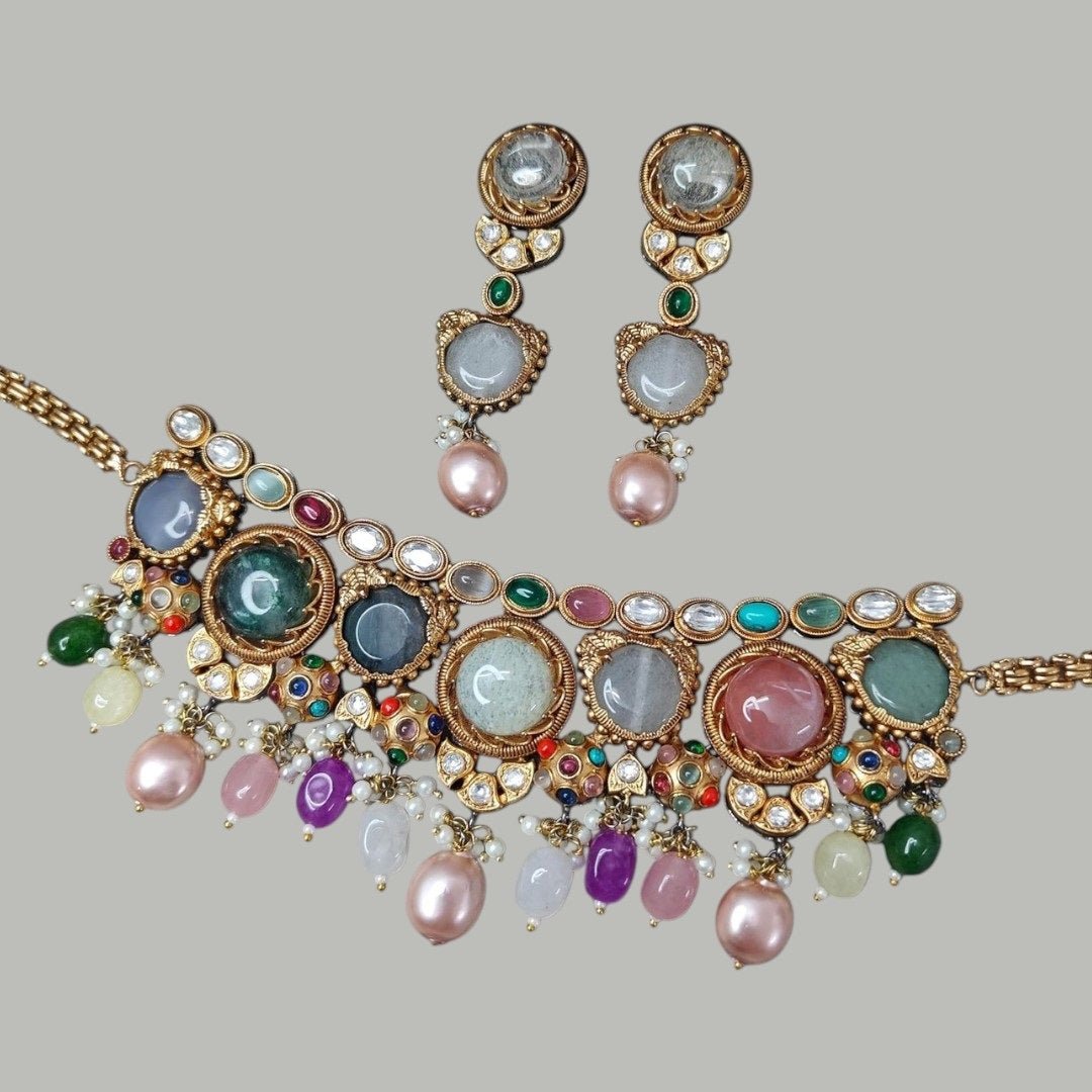 Multicolor Kundan Choker Necklace Set with Earrings - Auraa Trends - Necklace Set -  - Auraa Trends - "Traditional multicolor choker necklace set with matching earrings featuring pearl drops, kundan stones, and gemstone cabochons – bridal and festive ethnic jewelry."