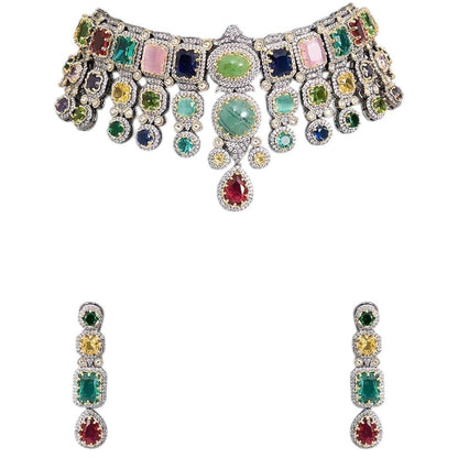 Multicolor Kundan Polki Choker Necklace Set with Matching Earrings for Women - Auraa Trends - Necklace Set -  - Auraa Trends - "Model wearing multicolor kundan polki choker necklace set with matching earrings - Traditional Indian bridal jewelry"