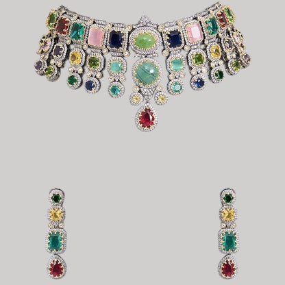 Multicolor Kundan Polki Choker Necklace Set with Matching Earrings for Women - Auraa Trends - Necklace Set -  - Auraa Trends - "Model wearing multicolor kundan polki choker necklace set with matching earrings - Traditional Indian bridal jewelry"