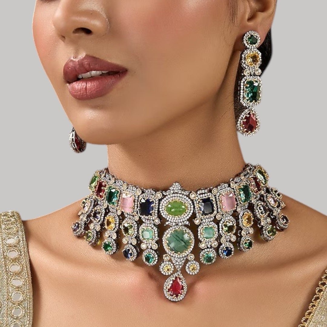 Multicolor Kundan Polki Choker Necklace Set with Matching Earrings for Women - Auraa Trends - Necklace Set -  - Auraa Trends - "Model wearing multicolor kundan polki choker necklace set with matching earrings - Traditional Indian bridal jewelry"