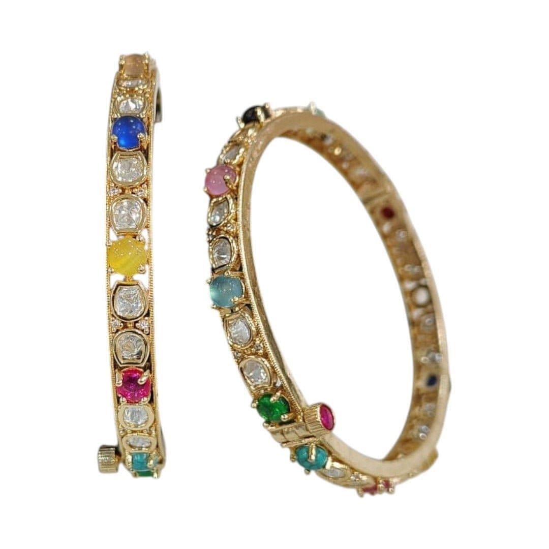 Multicolor Stone Studded Gold - Plated Openable Bangles for Women - Auraa Trends - Bangles -  - Auraa Trends - "Multicolor stone studded gold - plated openable bangles with kundan - style design – traditional Indian festive jewelry for women"