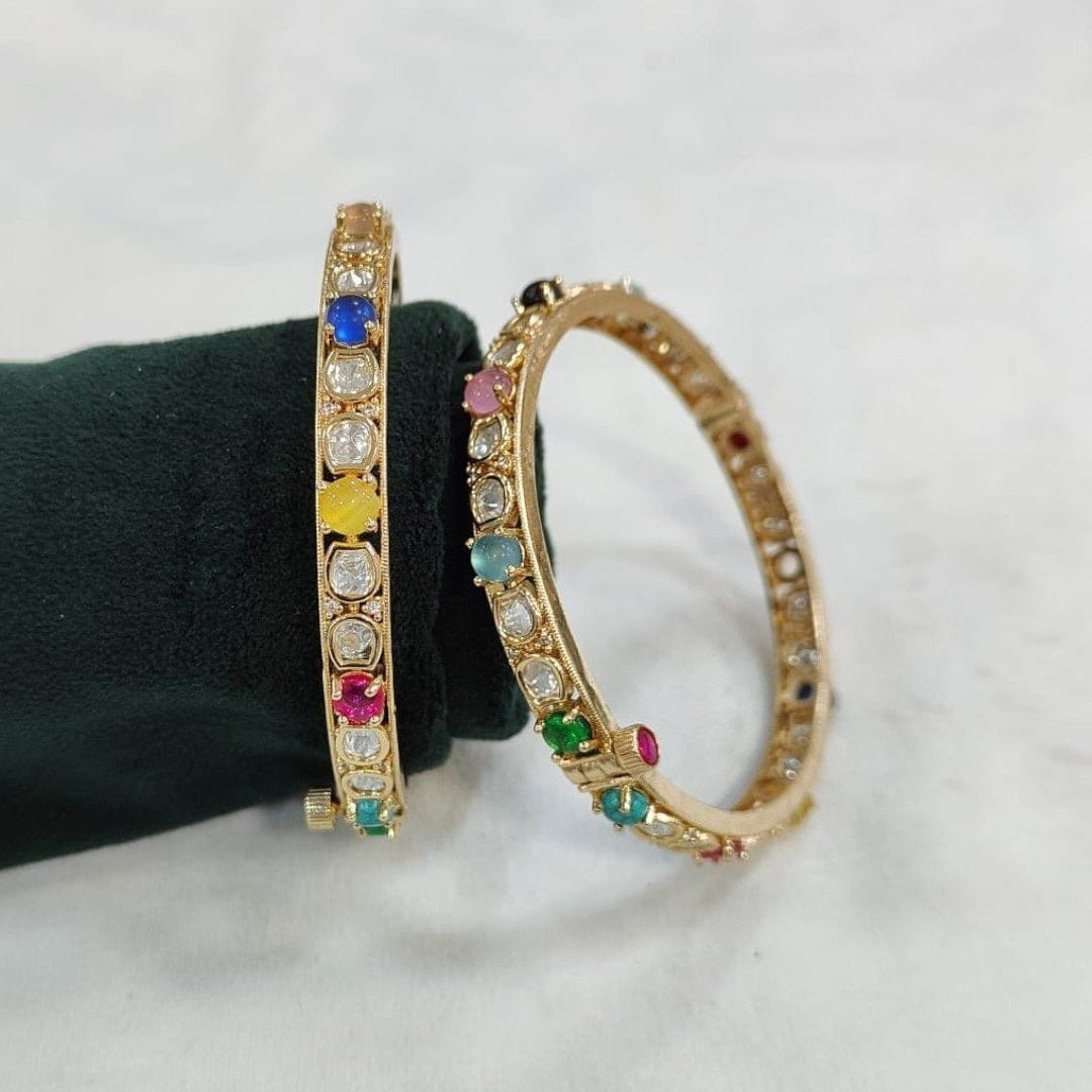 Multicolor Stone Studded Gold - Plated Openable Bangles for Women - Auraa Trends - Bangles -  - Auraa Trends - "Multicolor stone studded gold - plated openable bangles with kundan - style design – traditional Indian festive jewelry for women"