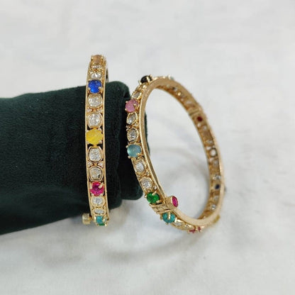 Multicolor Stone Studded Gold - Plated Openable Bangles for Women - Auraa Trends - Bangles -  - Auraa Trends - "Multicolor stone studded gold - plated openable bangles with kundan - style design – traditional Indian festive jewelry for women"
