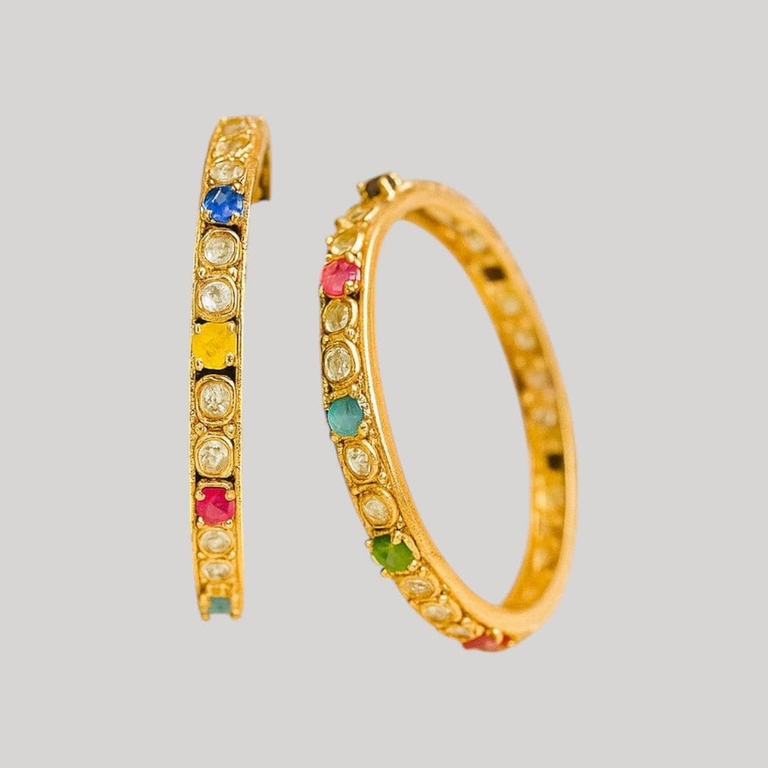 Multicolor Stone Studded Gold - Plated Openable Bangles for Women - Auraa Trends - Bangles -  - Auraa Trends - "Multicolor stone studded gold - plated openable bangles with kundan - style design – traditional Indian festive jewelry for women"