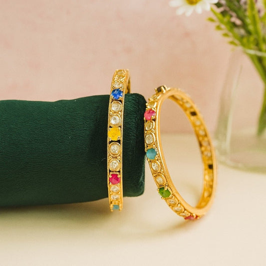 Multicolor Stone Studded Gold - Plated Openable Bangles for Women - Auraa Trends - Bangles -  - Auraa Trends - "Multicolor stone studded gold - plated openable bangles with kundan - style design – traditional Indian festive jewelry for women"