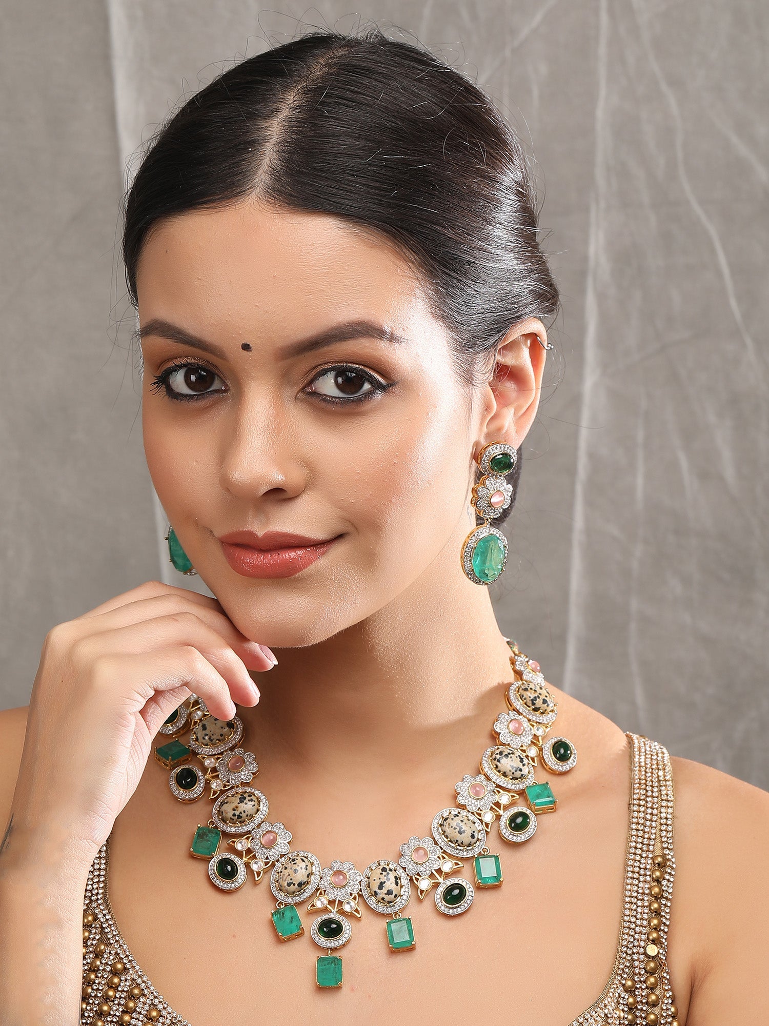 Multicolor Zircon-Styled Gold-Toned & White Gold Plated Handcrafted Necklace Set - Auraa Trends - Necklace Set -Festive