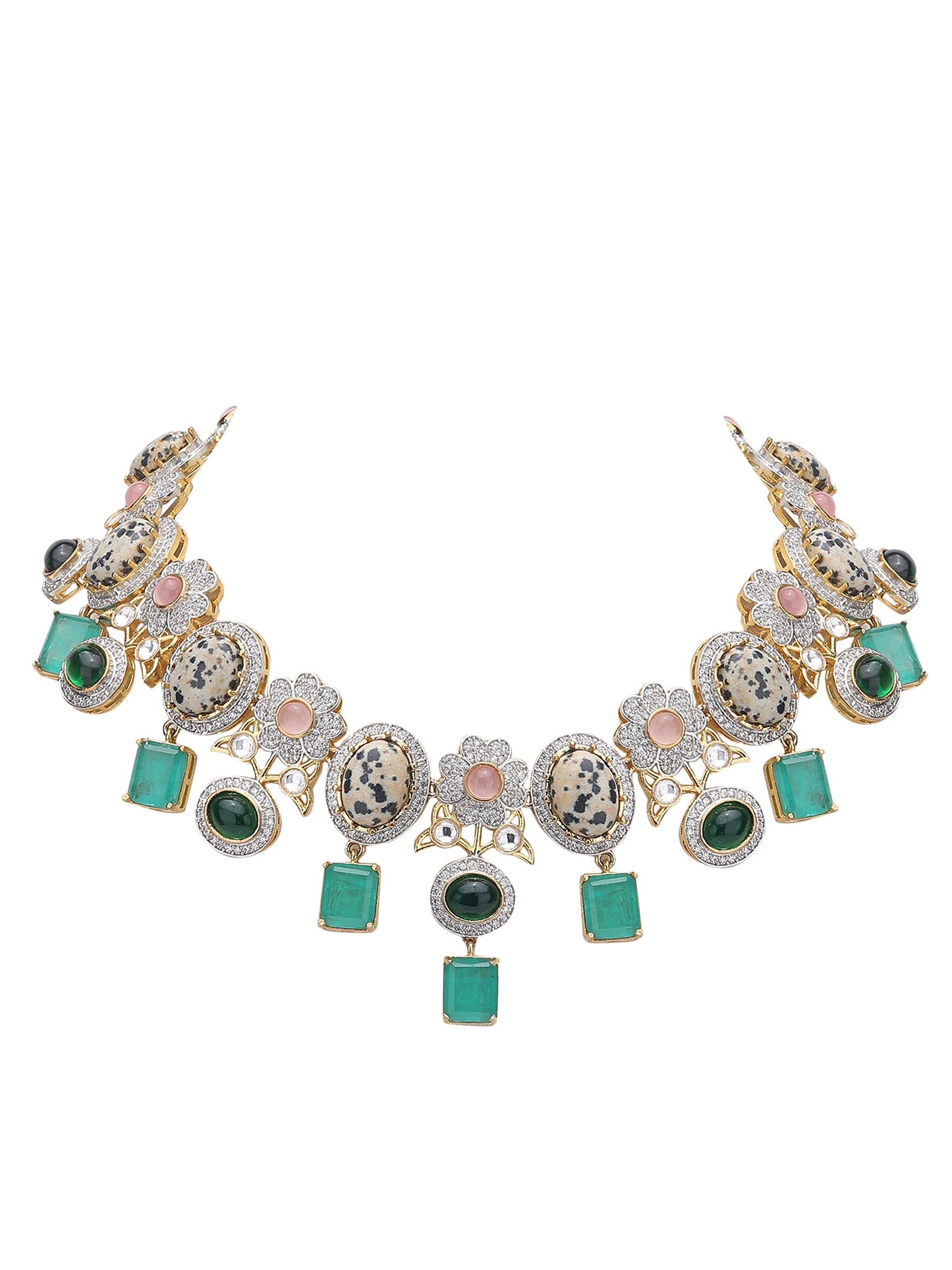 Multicolor Zircon-Styled Gold-Toned & White Gold Plated Handcrafted Necklace Set - Auraa Trends - Necklace Set -Festive