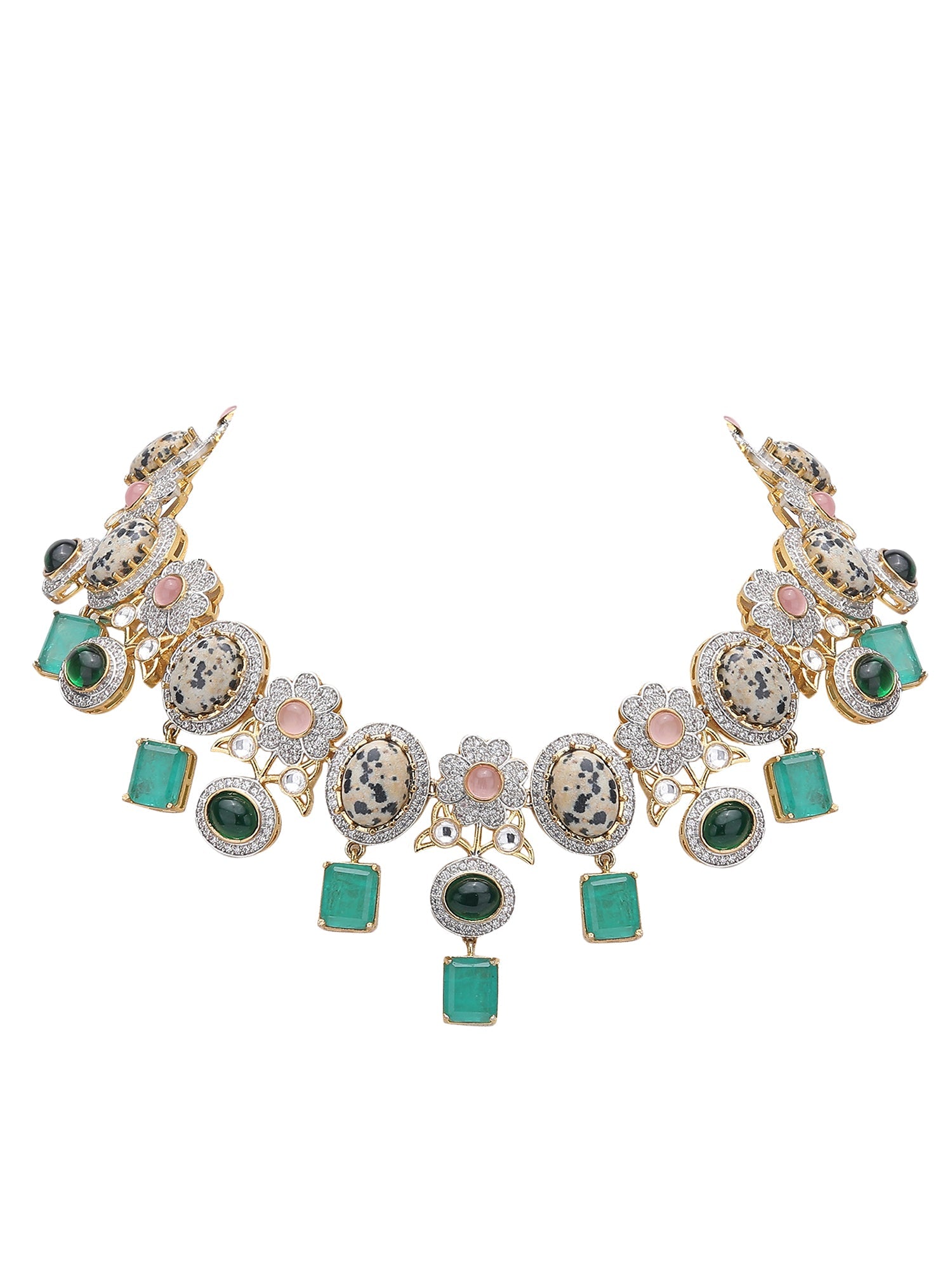 Multicolor Zircon-Styled Gold-Toned & White Gold Plated Handcrafted Necklace Set - Auraa Trends - Necklace Set -Festive