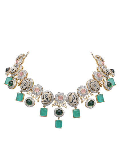 Multicolor Zircon-Styled Gold-Toned & White Gold Plated Handcrafted Necklace Set - Auraa Trends - Necklace Set -Festive