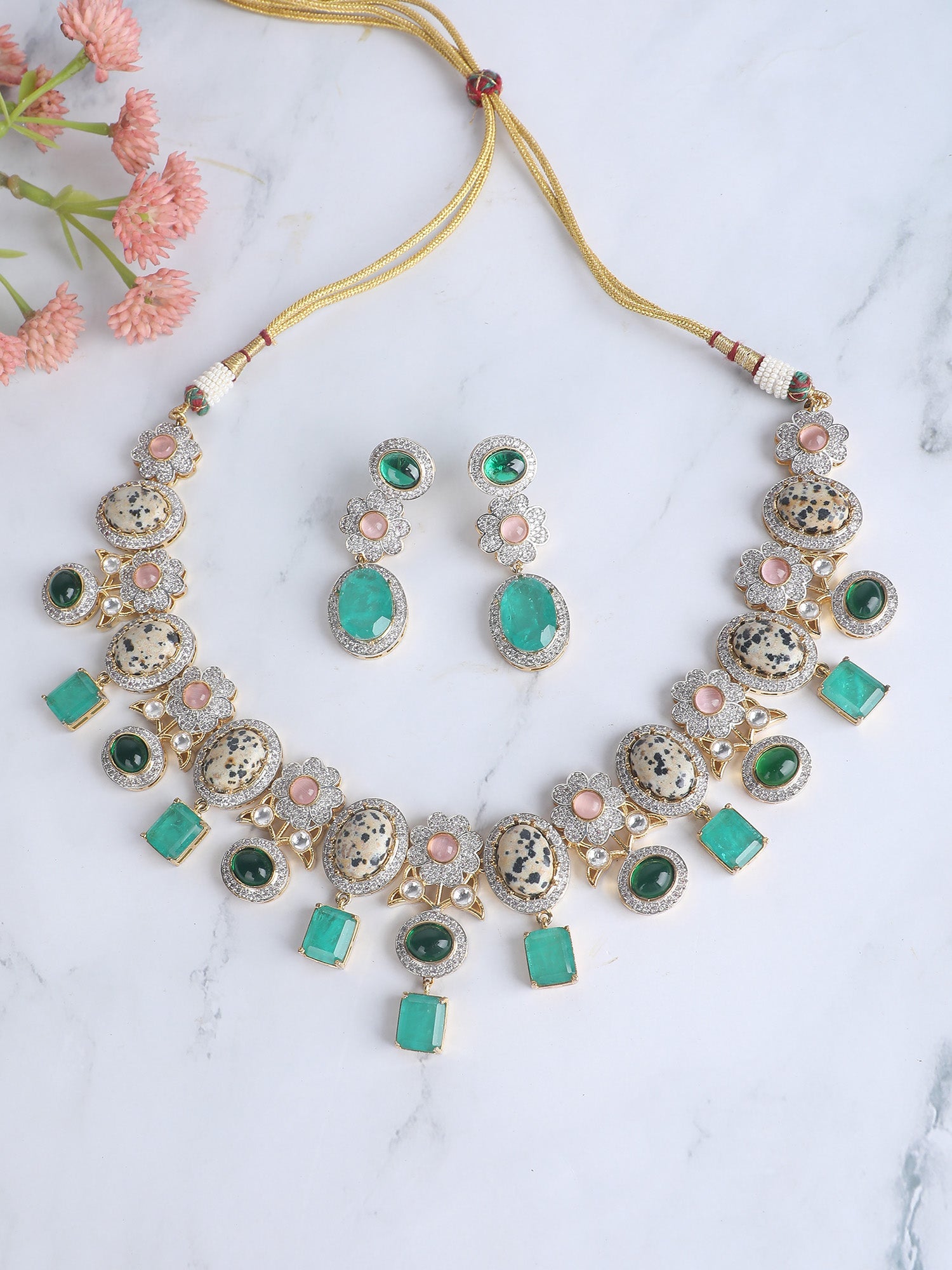 Multicolor Zircon-Styled Gold-Toned & White Gold Plated Handcrafted Necklace Set - Auraa Trends - Necklace Set -Festive